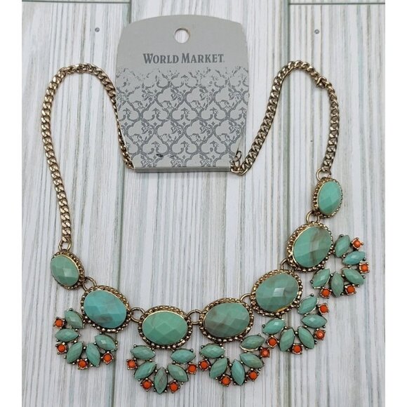 NWT World Market Gold Tone Seafoam Green & Coral Bib Collar Necklace 20" - Picture 7 of 8